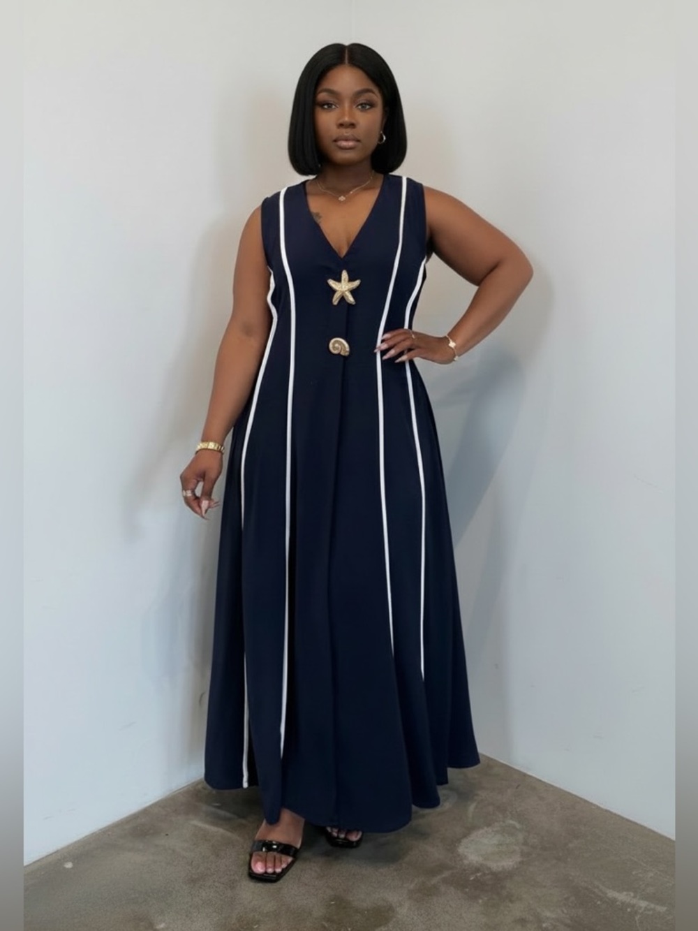 Navy V-Neck Maxi Dress with White Stripe Accents